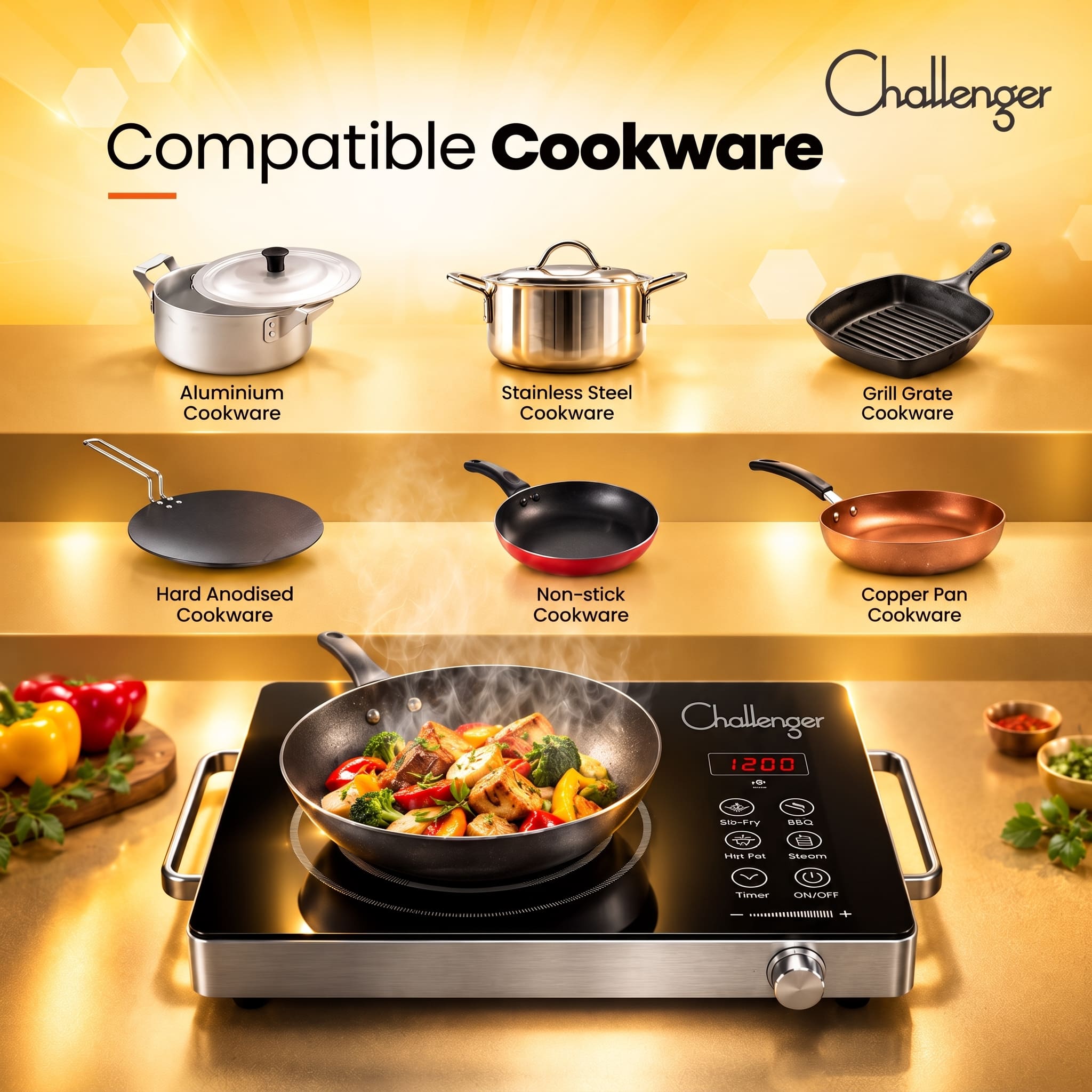 CHALLENGER NFRA ECO Infrared Stove 2200W Electric Cooktop with Touch Panel, Temperature Control Knob, Grill Rack & Energy Efficient Fast Heating Technology
