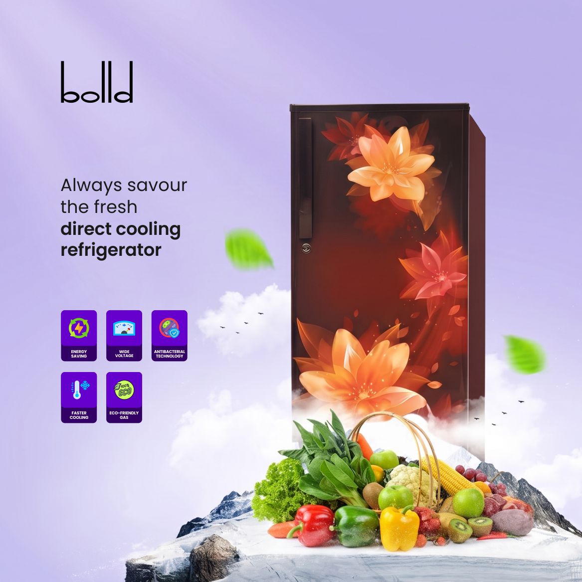Bolld Direct Cooling Single Door Refrigerator with Toughened Glass Shelves, Antibacterial Gasket, Extra Storage & Wide Voltage Support