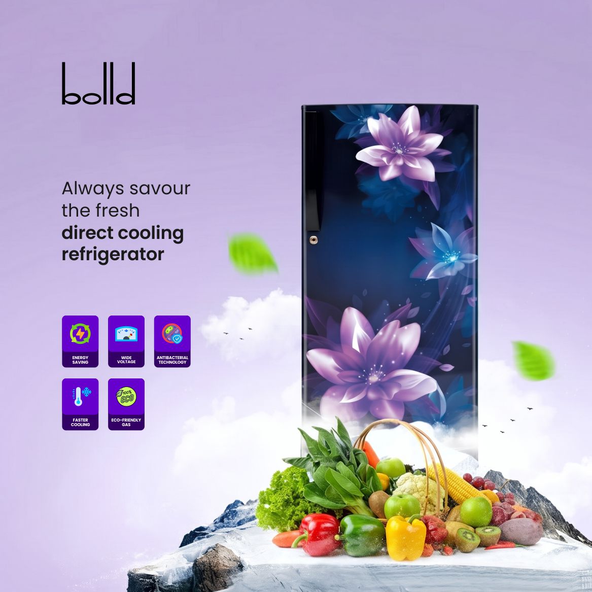Bolld Direct Cooling Single Door Refrigerator with Toughened Glass Shelves, Antibacterial Gasket, Extra Storage & Wide Voltage Support