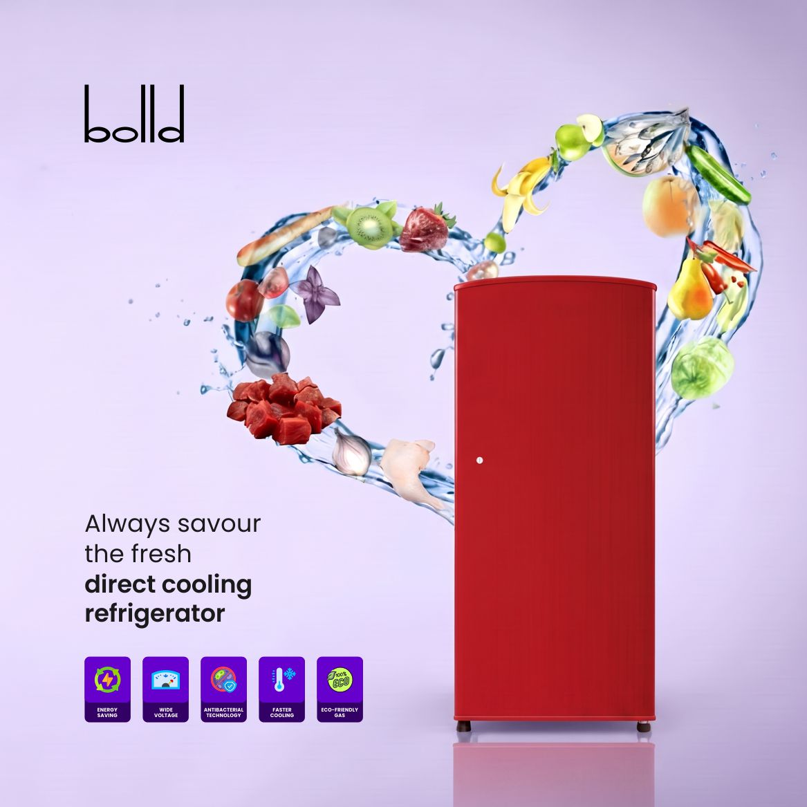 Bolld Direct Cooling Single Door Refrigerator with Toughened Glass Shelves, Antibacterial Gasket, Extra Storage & Wide Voltage Support