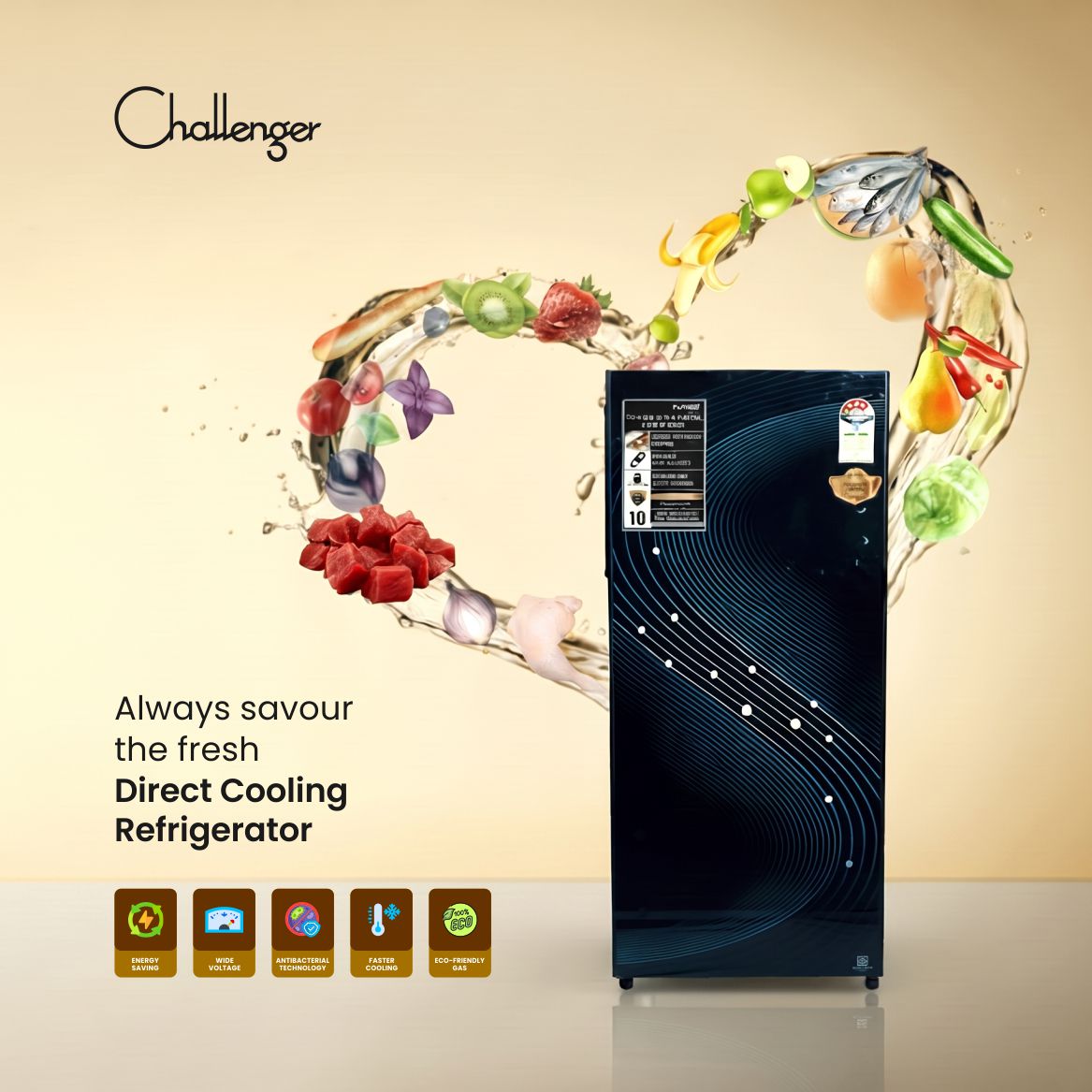Challenger Direct Cooling Single Door Refrigerator with Toughened Glass Shelves, Antibacterial Gasket, Extra Storage & Wide Voltage Support