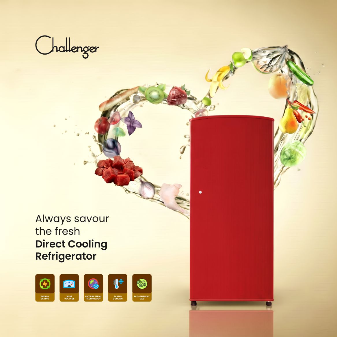 Challenger Direct Cooling Single Door Refrigerator with Toughened Glass Shelves, Antibacterial Gasket, Extra Storage & Wide Voltage Support
