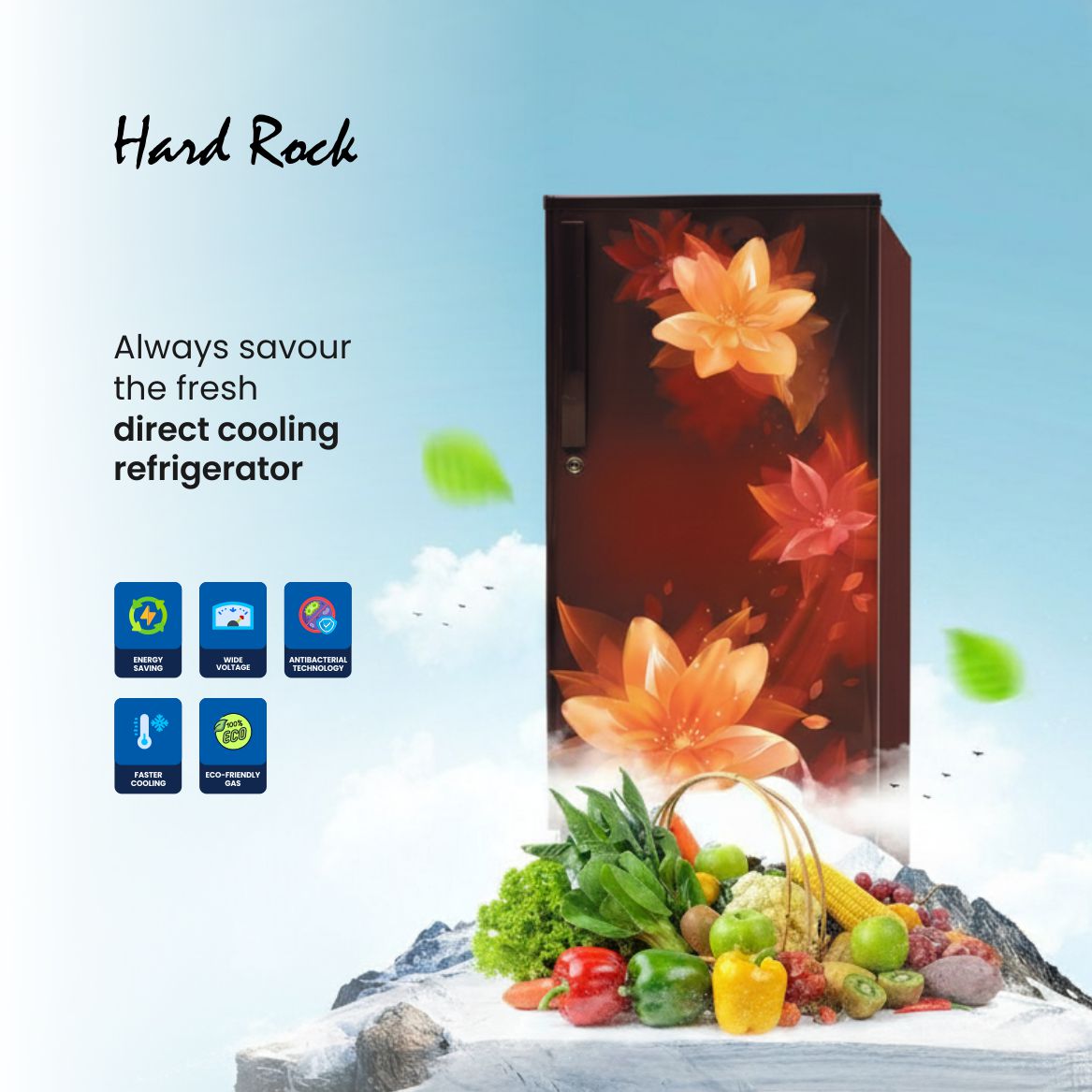 Hardrock Direct Cooling Single Door Refrigerator with Toughened Glass Shelves, Antibacterial Gasket, Extra Storage & Wide Voltage Support