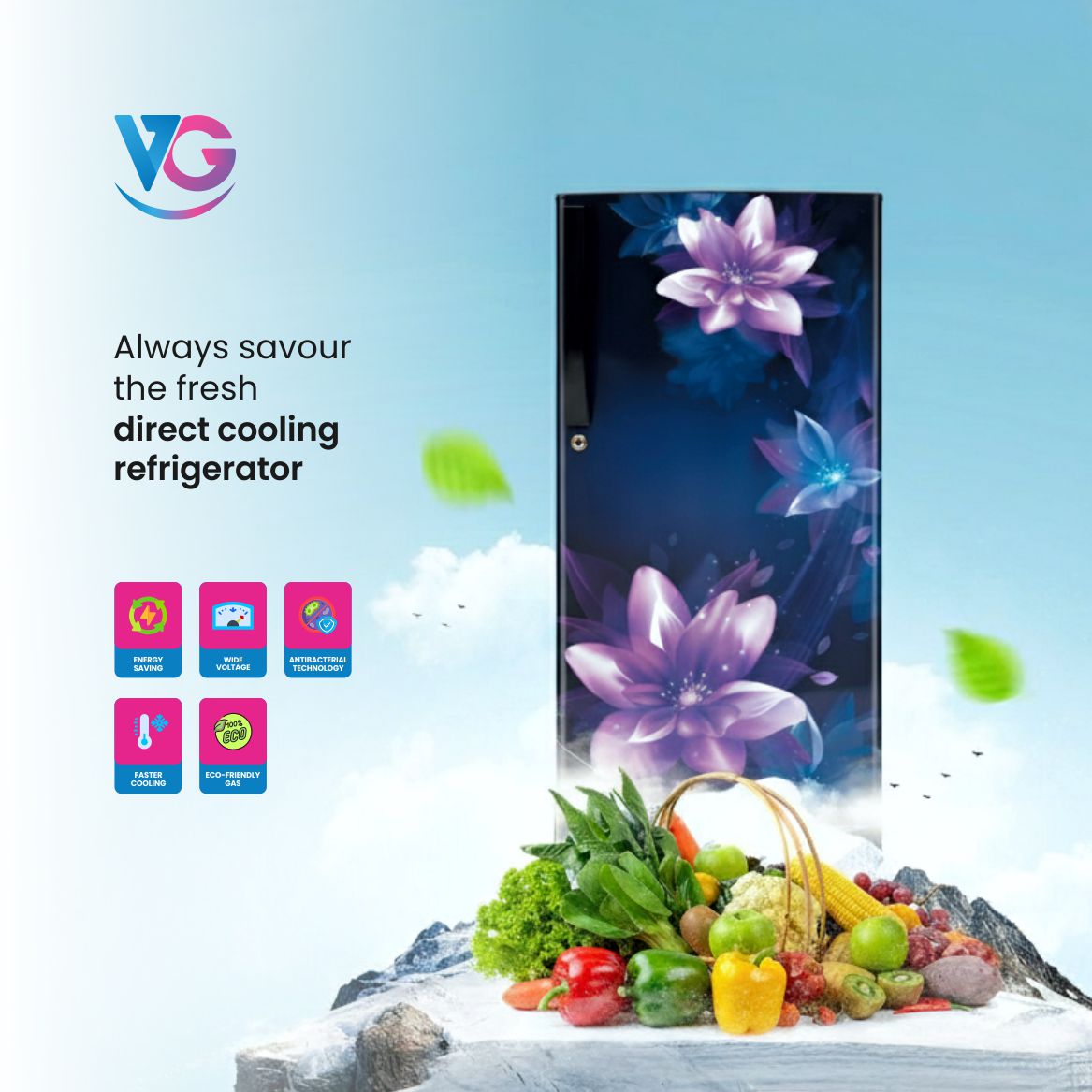VG Direct Cooling Single Door Refrigerator with Toughened Glass Shelves, Antibacterial Gasket, Extra Storage & Wide Voltage Support