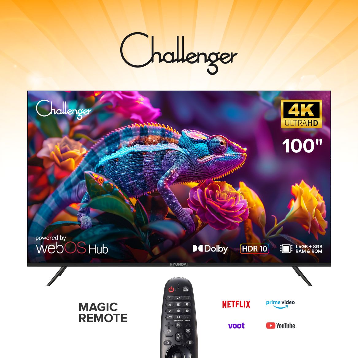 Challenger 100 Inch UHD WebOS Smart TV with Android 14 | 4K Ultra HD Large Screen TV | SCH100UWV11R4